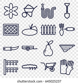Garden icons set. set of 16 garden outline icons such as wheel barrow, barrow, glove, flower, shovel, construction, gardening tool, gardening knife, water hose