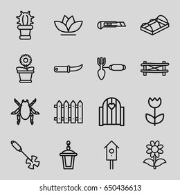Garden icons set. set of 16 garden outline icons such as beetle, fence, gardening tool, cutter, gardening knife, flower pot, flower, street lamp, nesting house, greenohuse