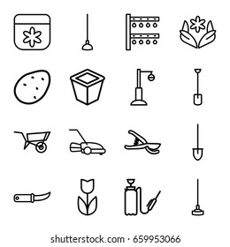 Garden icons set. set of 16 garden outline icons such as potato, wheel barrow, flower, shovel, hoe, garden tools, gardening knife, irrigation system, pot for plants