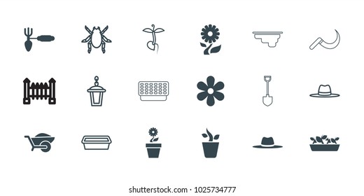 Garden icons. set of 18 editable filled and outline garden icons: gardening tool, wheelbarrow, hat, beetle, pot for plants, street lamp, sprout, flower, fence, plant in pot