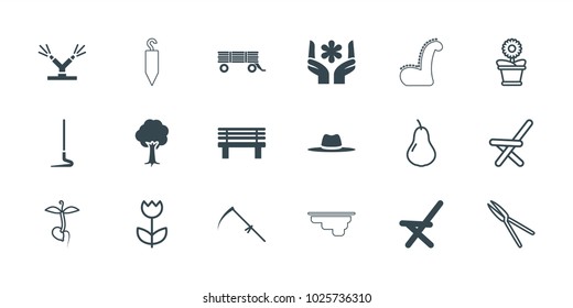 Garden icons. set of 18 editable filled and outline garden icons: scythe, tree, bench, outdoor chair, hat, watering system, pear, garden tools, flower pot, sprout, flower