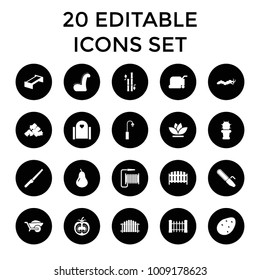 Garden icons. set of 20 editable filled garden icons such as potato, pear, fence, lawn mower, mud, gate, wheelbarrow, flower. best quality garden elements in trendy style.