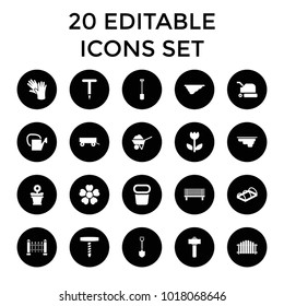 Garden icons. set of 20 editable filled garden icons such as barrow, shovel, flower pot, fence, greenohuse, flower, lawn mower. best quality garden elements in trendy style.