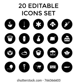 Garden icons. set of 20 editable filled garden icons such as flower, lawn mower, tree and bench, hoe, gardening knife, chain saw, pot for plants, pear, fence, street lamp