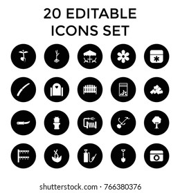 Garden icons. set of 20 editable filled garden icons such as flower, mud, shovel, gate, gardening knife, gardening tool, water hose, irrigation system, tree, fence