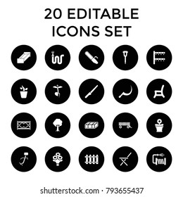 Garden icons. set of 20 editable filled garden icons such as garden bench, scythe, water hose, irrigation system, flower pot. best quality garden elements in trendy style.