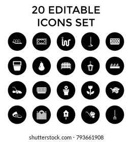 Garden icons. set of 20 editable filled garden icons such as pear, wheelbarrow, water hose, pot for plants, flower pot. best quality garden elements in trendy style.