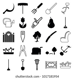 Garden icons. set of 25 editable filled and outline garden icons such as pear, lawn mower, hoe, scythe, gardening knife, gardening tool, chain saw, street lamp, flower, shovel