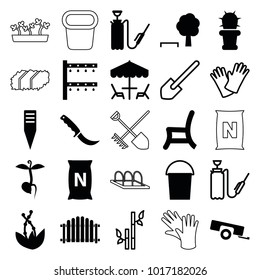 Garden icons. set of 25 editable filled and outline garden icons such as bucket, tree and bench, gardening tool, irrigation system, outdoor chair, harden hose, bag with ground