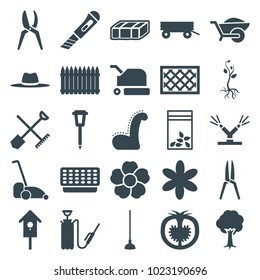 Garden icons. set of 25 editable filled garden icons such as shovel and rake, barrow, flower, hoe, wheelbarrow, tree, street lamp, fence, nesting house, harden hose, hat