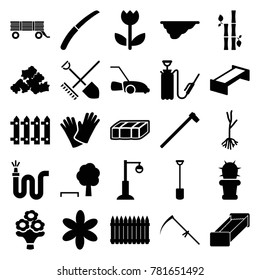 Garden icons. set of 25 editable filled garden icons such as garden bench, flower, mud, tree and bench, shovel, scythe, water hose, fence, street lamp, harden hose, lawn mower