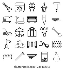 Garden icons. set of 25 editable outline garden icons such as barrow, fence, flower, lawn mower, gate, gardening tool, plant in pot, street lamp, seed bag, bench, cactus