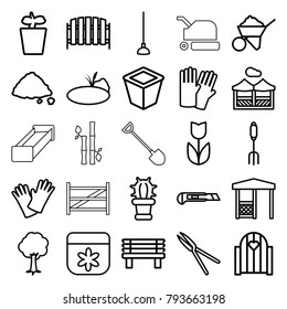 Garden icons. set of 25 editable outline garden icons such as glove, flower, construction, gate, pitchfork, hoe, cutter, pot for plants, plant in pot, tree, fence, bench