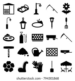 Garden icons. set of 25 editable filled garden icons such as barrow, pitchfork, scythe, watering can, pot for plants, flower, street lamp, fence, pond, ground heap, greenohuse