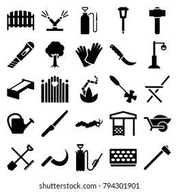 Garden icons. set of 25 editable filled garden icons such as shovel and rake, garden bench, gardening tool, wheelbarrow, watering can, pot for plants, tree, fence, street lamp