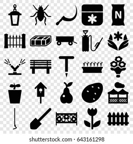 Garden icons set. set of 25 garden filled icons such as garden bench, potato, barrow, beetle, fence, flower, shovel, gardening tool, hoe, scythe, plant in pot, pear, bench