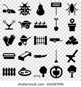 Garden icons set. set of 25 garden filled icons such as garden bench, pear, barrow, beetle, fence, mud, shovel, construction, hoe, gardening knife, gardening tool, wheelbarrow