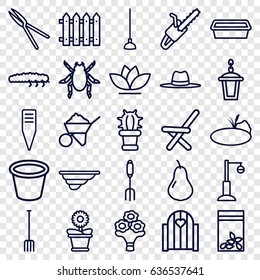 Garden icons set. set of 25 garden outline icons such as beetle, pear, construction, pitchfork, hoe, garden tools, gardening tool, chain saw, pot for plants, flower pot