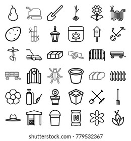 Garden icons. set of 36 editable outline garden icons such as shovel and rake, garden bench, potato, pear, barrow, fence, flower, bucket, shovel, gate, pitchfork