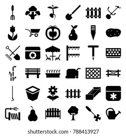 Garden icons. set of 36 editable filled garden icons such as fence, flower, bamboo, lawn mower, pitchfork, gardening tool, hoe, watering can, water hose, irrigation system