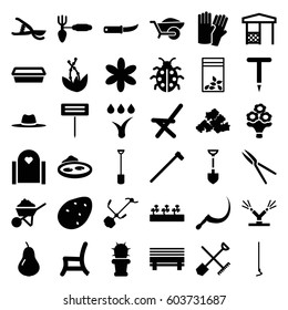 Garden icons set. set of 36 garden filled icons such as shovel and rake, potato, pear, glove, flower, mud, shovel, construction, gardening tool, hoe, scythe, garden tools