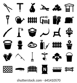 Garden icons set. set of 36 garden filled icons such as fence, glove, bucket, lawn mower, mud, gardening tool, pitchfork, scythe, garden tools, gardening knife, watering can