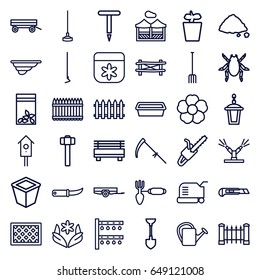 Garden icons set. set of 36 garden outline icons such as beetle, fence, barrow, flower, lawn mower, shovel, gardening tool, pitchfork, hoe, scythe, cutter, gardening knife