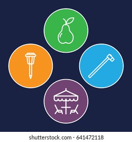 Garden icons set. set of 4 garden outline icons such as garden hammer, pear, street lamp