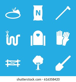 Garden icons set. set of 9 garden filled icons such as fence, glove, shovel, garden hammer, water hose, tree, bag with ground, pond