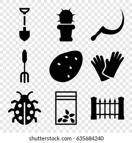 Garden icons set. set of 9 garden filled icons such as potato, fence, shovel, pitchfork, scythe, ladybug, gloves, seed bag