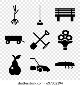 Garden icons set. set of 9 garden filled icons such as shovel and rake, barrow, hoe, pear, bench, caterpillar, lawn mower, sprout