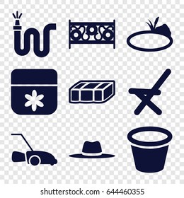 Garden icons set. set of 9 garden filled icons such as garden bench, flower, water hose, pot for plants, fence, outdoor chair, lawn mower, hat