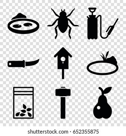Garden icons set. set of 9 garden filled icons such as beetle, gardening knife, garden hammer, pear, pond, nesting house, harden hose
