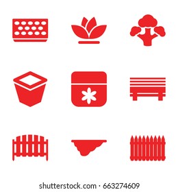 Garden icons set. set of 9 garden filled icons such as flower, pot for plants, fence, broccoli