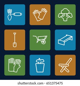 Garden icons set. set of 9 garden outline icons such as garden bench, wheel barrow, glove, gardening tool, shovel, plant in pot, outdoor chair, gloves