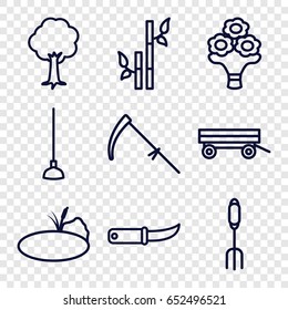Garden icons set. set of 9 garden outline icons such as barrow, bamboo, pitchfork, hoe, scythe, gardening knife, tree, bouquet flower