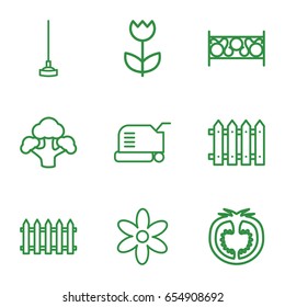 Garden icons set. set of 9 garden outline icons such as fence, flower, lawn mower, hoe, broccoli