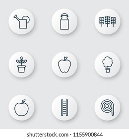 Garden icons set with bailer, ladder, plant pot and other wheat elements. Isolated vector illustration garden icons.