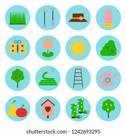 garden icons set in blue circles. Vector illustration in flat style