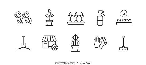 Garden icons set. A collection of 10 essential gardening symbols including tools, plants, and equipment, ideal for landscaping themes, horticultural websites. Vector illustration