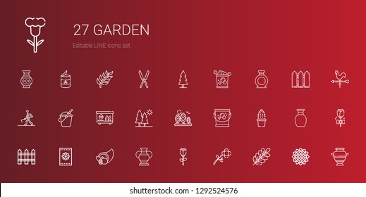 garden icons set. Collection of garden with branch, flower, rose, vase, cornucopia, seeds, fence, cactus, bucket, tree, trees, terrarium, farmer hoeing. Editable and scalable garden icons.
