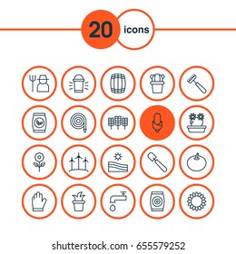Garden Icons Set. Collection Of Decorative Plant, Bush Pot, Protection Mitt And Other Elements. Also Includes Symbols Such As Crop, Cask, Grower.