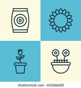 Garden Icons Set. Collection Of Fertilizer, Herb, Floret And Other Elements. Also Includes Symbols Such As Helianthus, Rose, Sunflower.