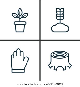 Garden Icons Set. Collection Of Flowerpot, Cereal, Tree Stub And Other Elements. Also Includes Symbols Such As Tree, Gloves, Plant.
