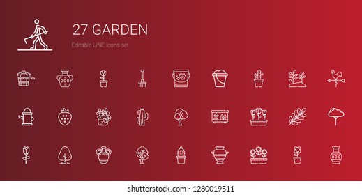 garden icons set. Collection of garden with flowers, vase, cactus, tree, rose, terrarium, flower, strawberry, watering can, bucket, branch. Editable and scalable garden icons.
