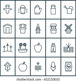 Garden Icons Set. Collection Of Hang Lamp, Mill, Protection Mitt And Other Elements. Also Includes Symbols Such As Peach, Elf, Wind.