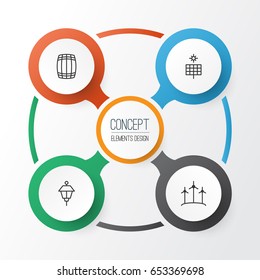 Garden Icons Set. Collection Of Lantern, Sun Power, Windmill And Other Elements. Also Includes Symbols Such As Lantern, Park, Power.