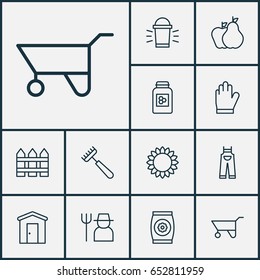 Garden Icons Set. Collection Of Rake, Fruits, Wheelbarrow And Other Elements. Also Includes Symbols Such As Fence, Rake, Jar.