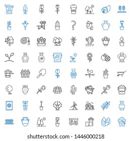 garden icons set. Collection of garden with sand, seeds, flowers, terrarium, flower, trees, vase, fence, branch, tree, farmer hoeing, shovel. Editable and scalable garden icons.