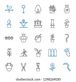 garden icons set. Collection of garden with sickle, flower, rose, shears, vase, carrot, fence, plant, farmer hoeing, bucket, tulips, scarecrow. Editable and scalable garden icons.